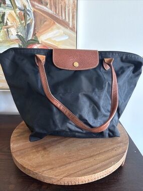 Longchamp Le Pliage 18” Large Size Tote Bag in Black Canvas with Brown Leather